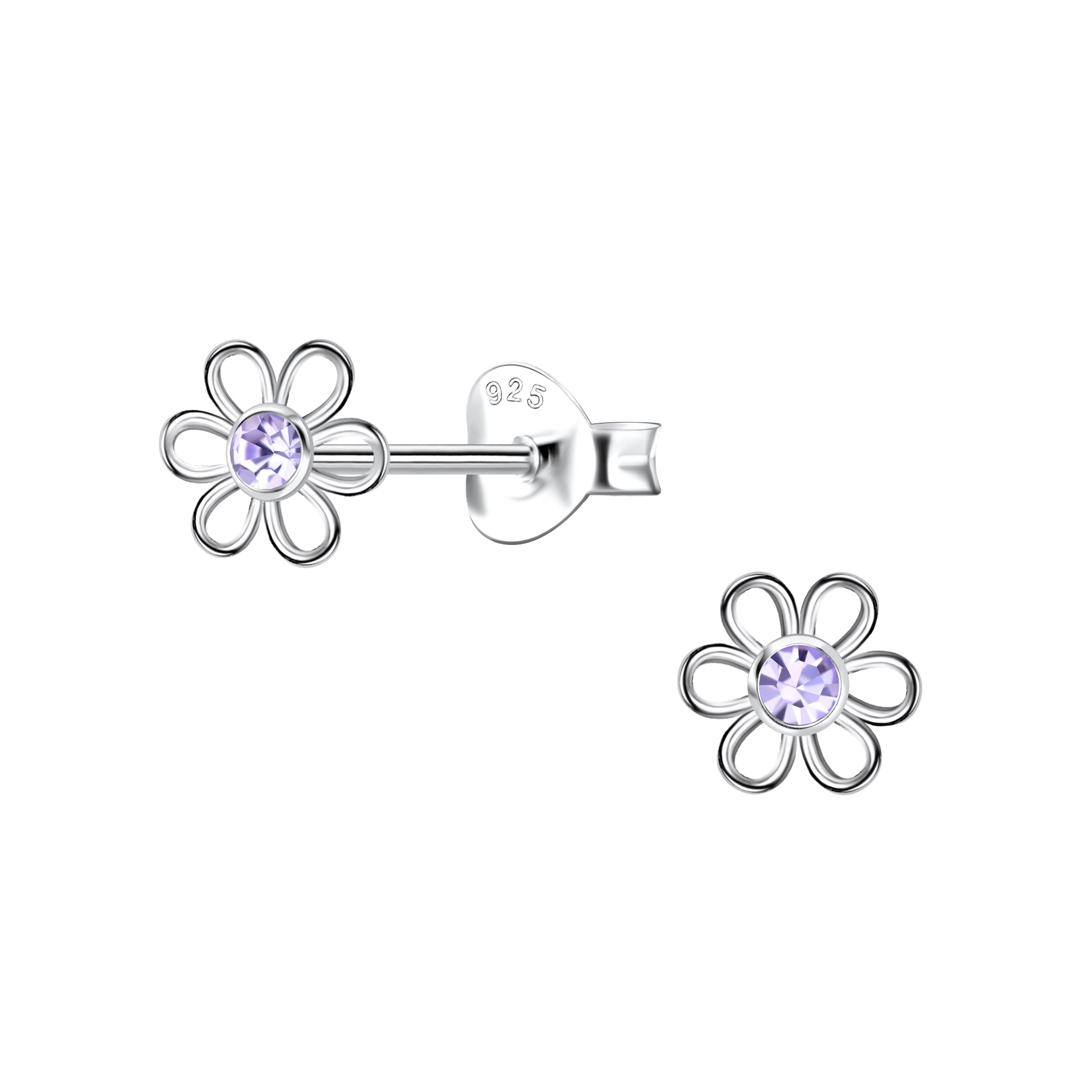 Melchior Jewellery girls flower crystal earrings in silver with purple crystal centre for children