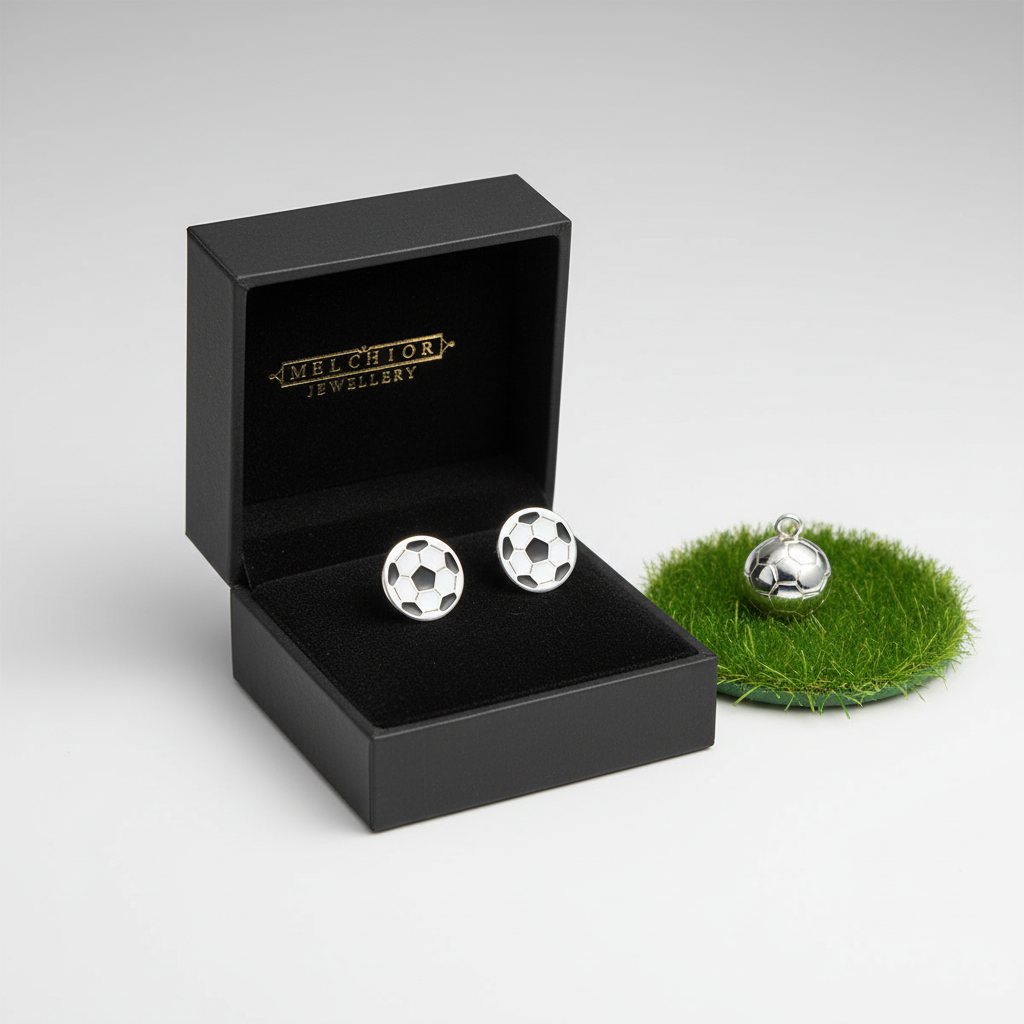 Girls football earrings sterling silver by Melchior Jewellery displayed in a black gift box with matching football charm