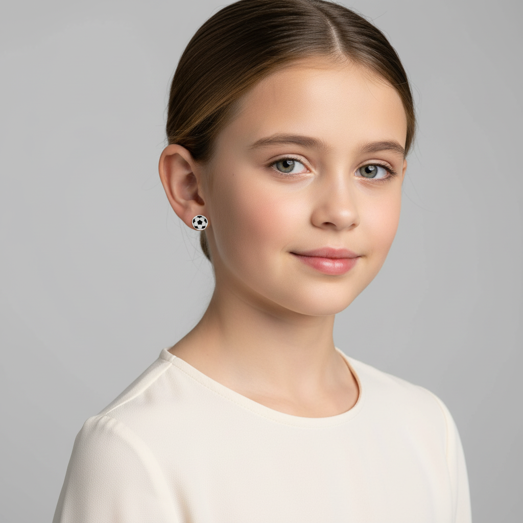 Girls football earrings sterling silver worn by girl with light brown hair and cream top