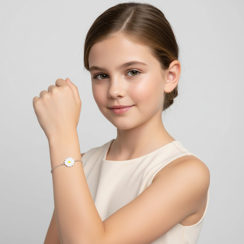 Melchior Jewellery girls glitter daisy jewellery bracelet worn by a young girl with light beige dress