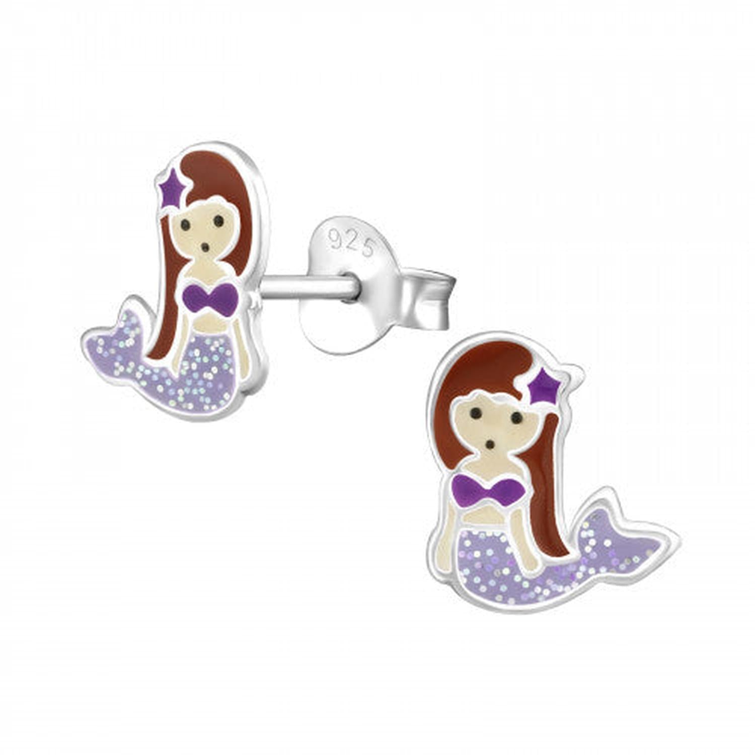Melchior Jewellery girls mermaid earrings in silver with purple tail and top, featuring red hair and a star detail