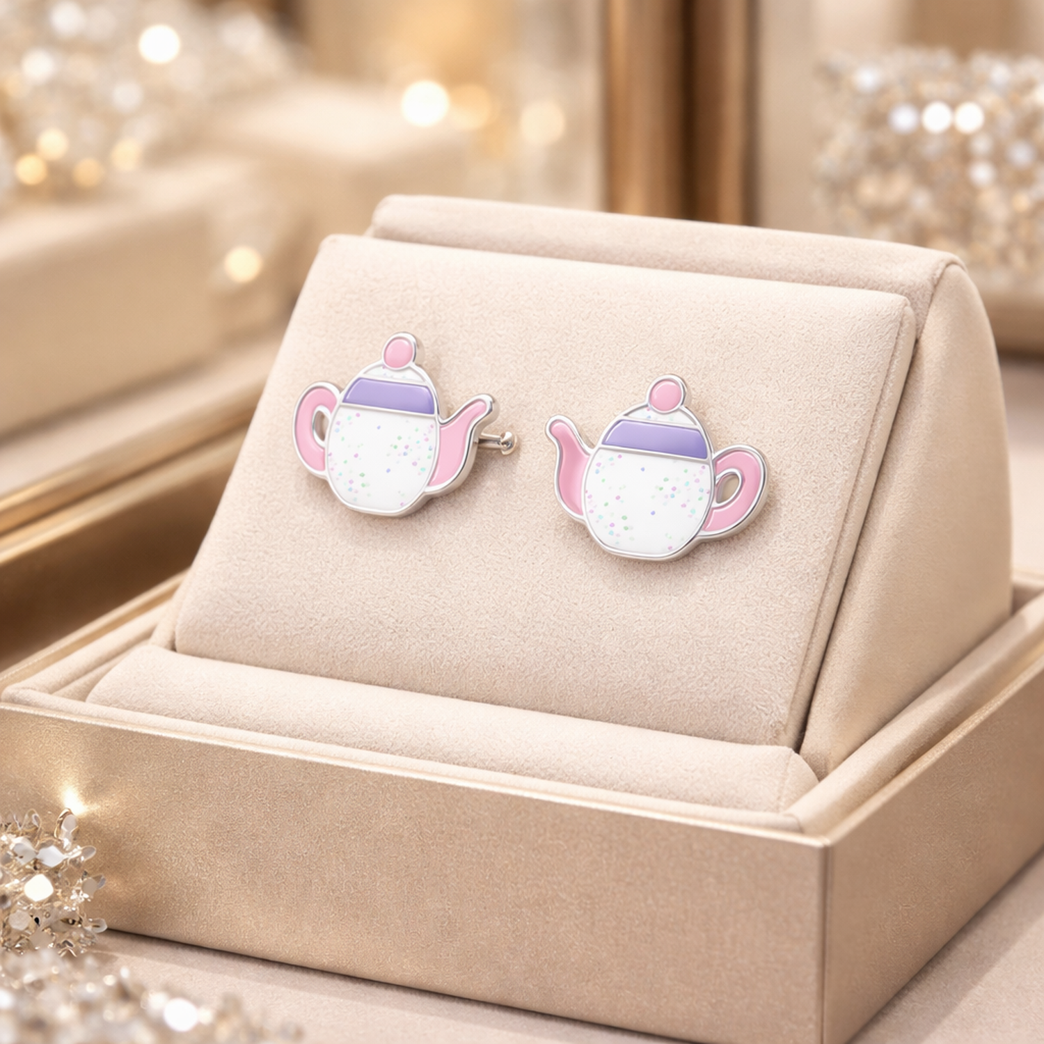 Melchior Jewellery girls novelty silver earrings shaped like cute pink and purple teapots