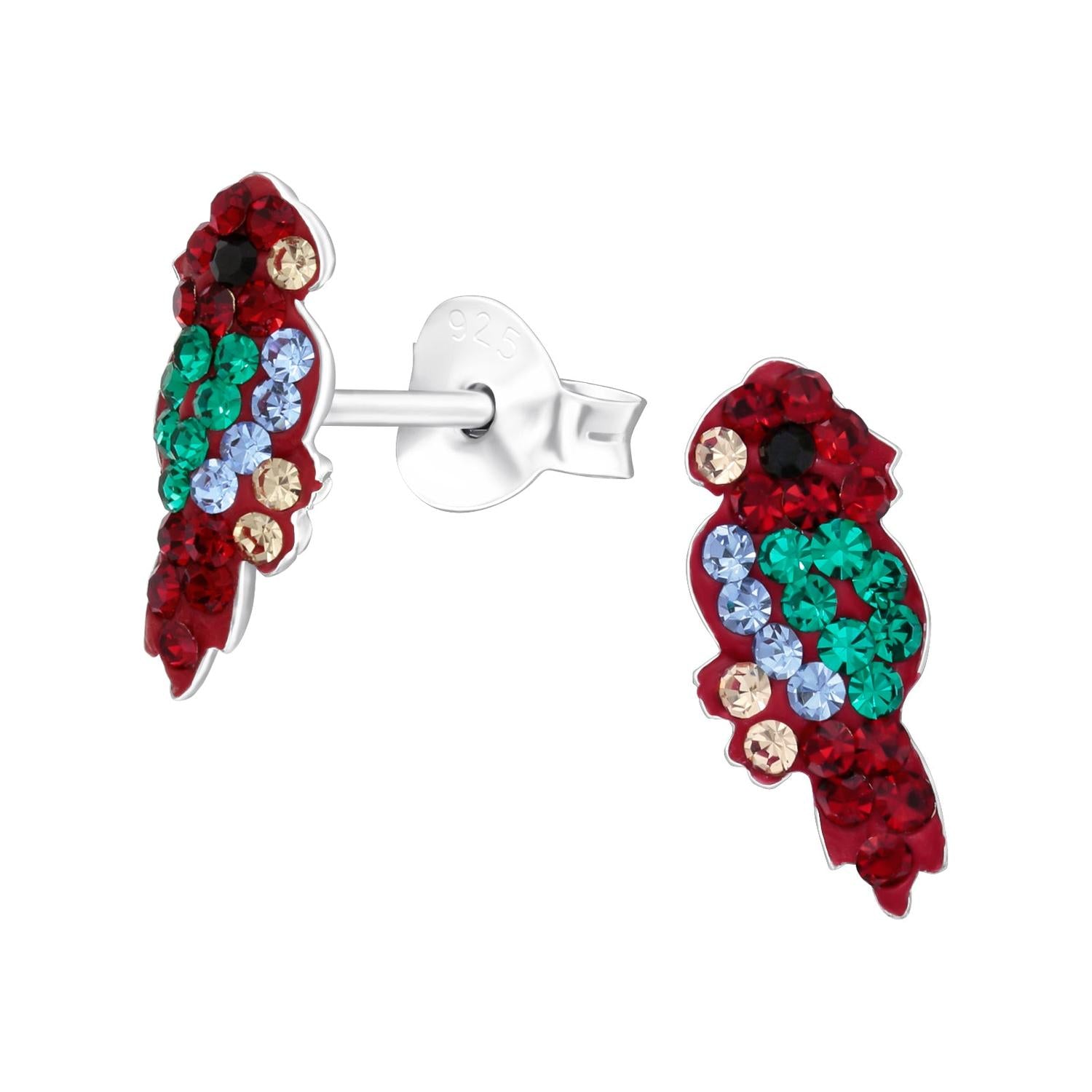 Girls Parrot Stud Earrings by Melchior Jewellery with red, green, blue, and cream crystals on silver studs