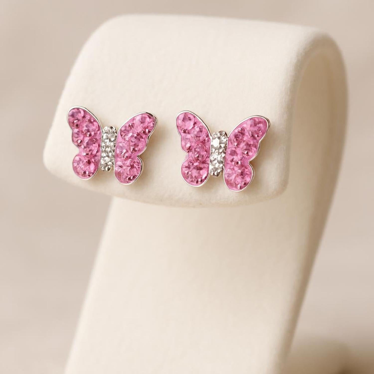Melchior Jewellery girls pink butterfly earrings with sparkling pink stones and silver detailing