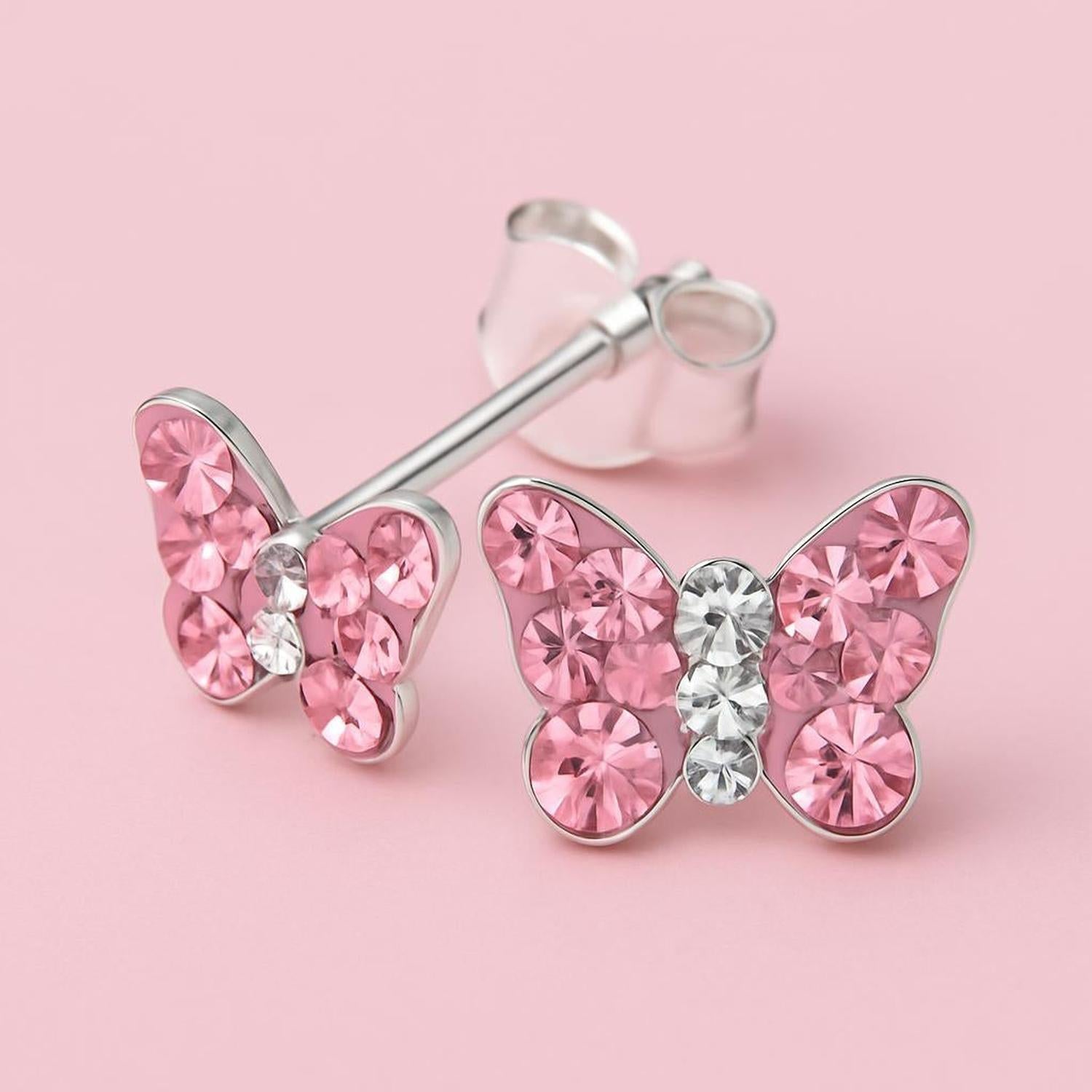 Melchior Jewellery girls pink butterfly earrings with sparkling pink and clear stones on silver studs
