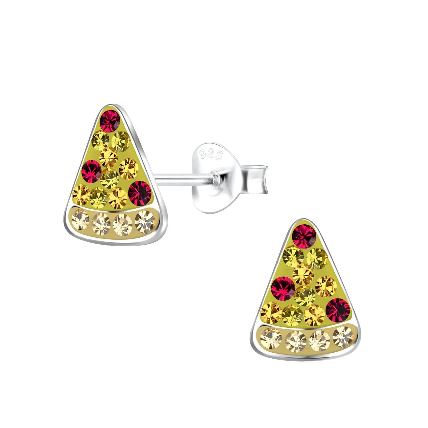 Girls Pizza Stud Earrings Silver with yellow and red crystal details by Melchior Jewellery