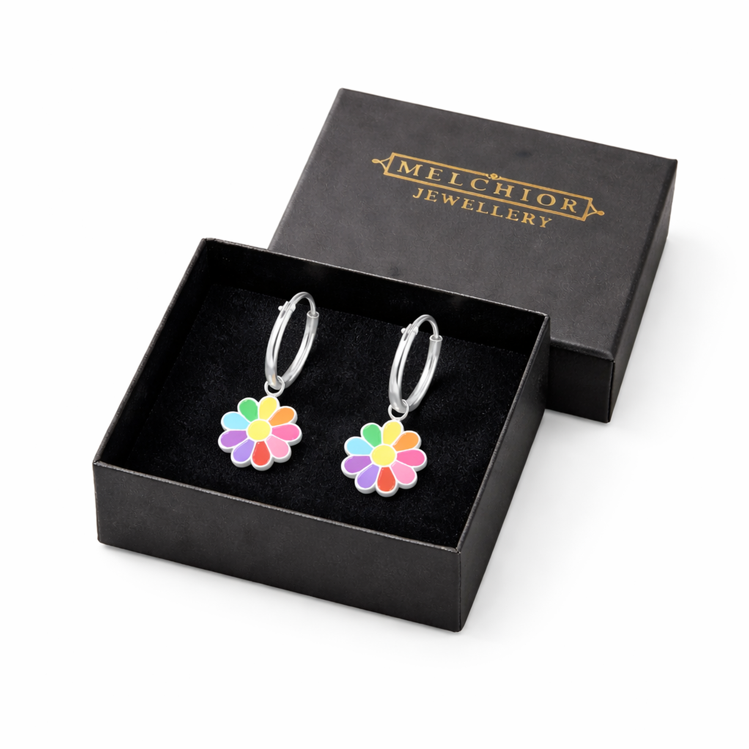 Girls silver flower hoop earrings with colourful petals in black Melchior Jewellery gift box
