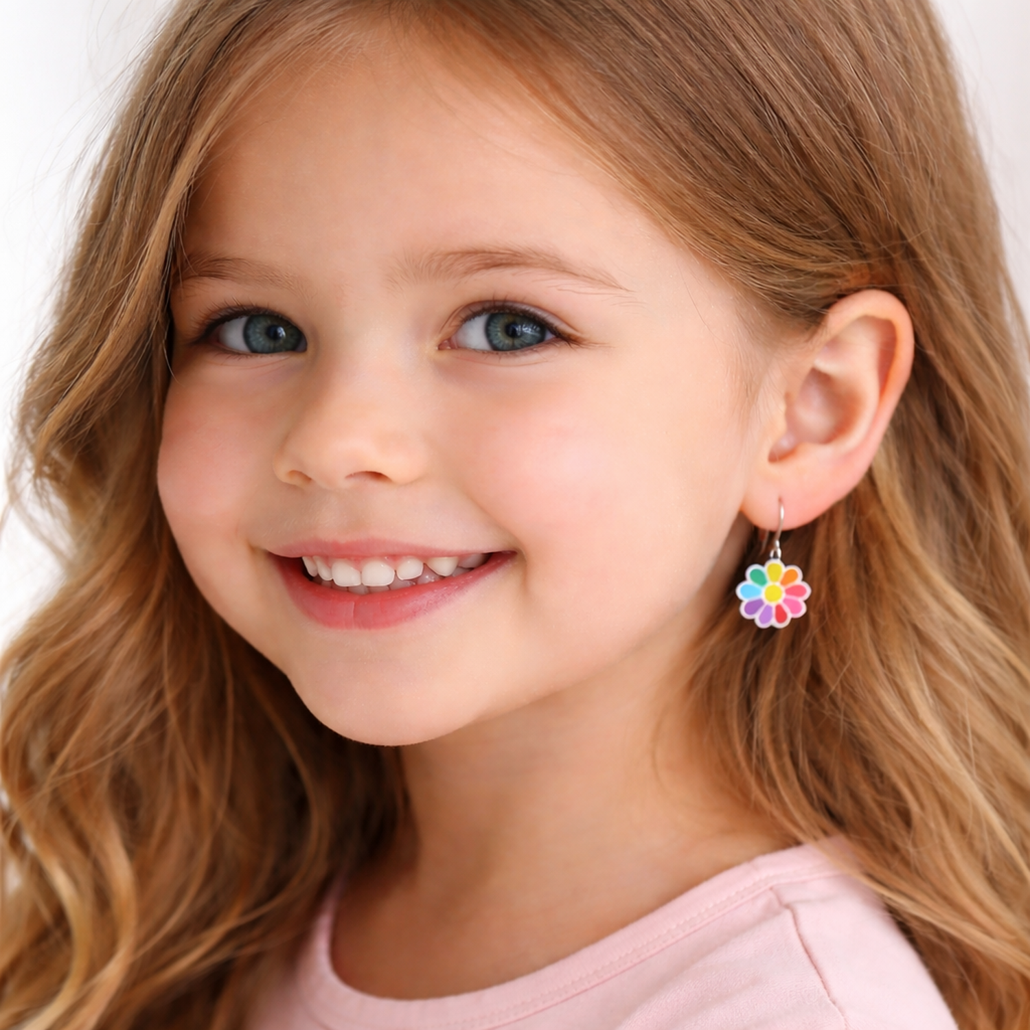 Young girl wearing Melchior Jewellery girls silver flower hoop earrings with colourful petals