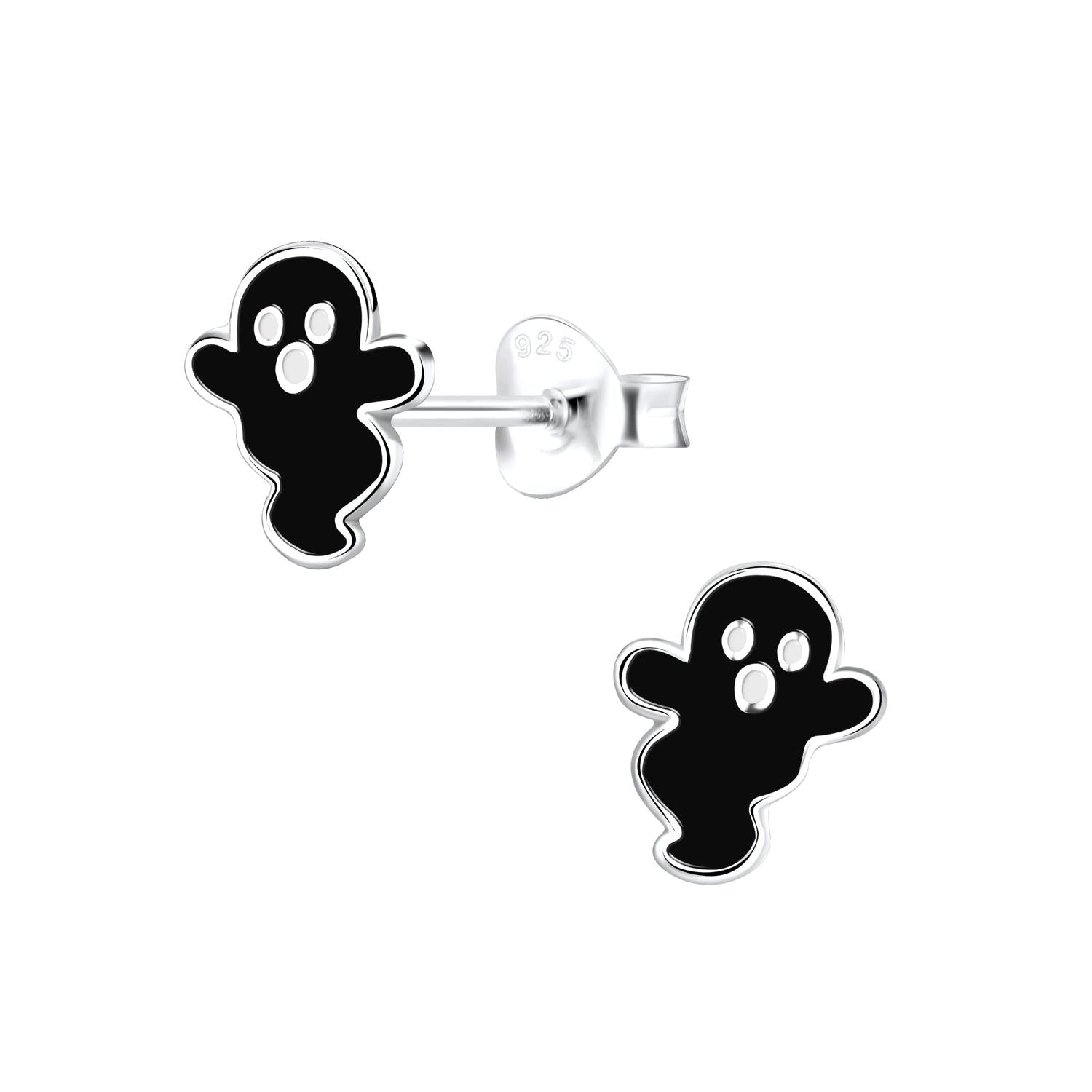 Sterling silver girls silver ghost jewellery black enamel ghost-shaped stud earrings