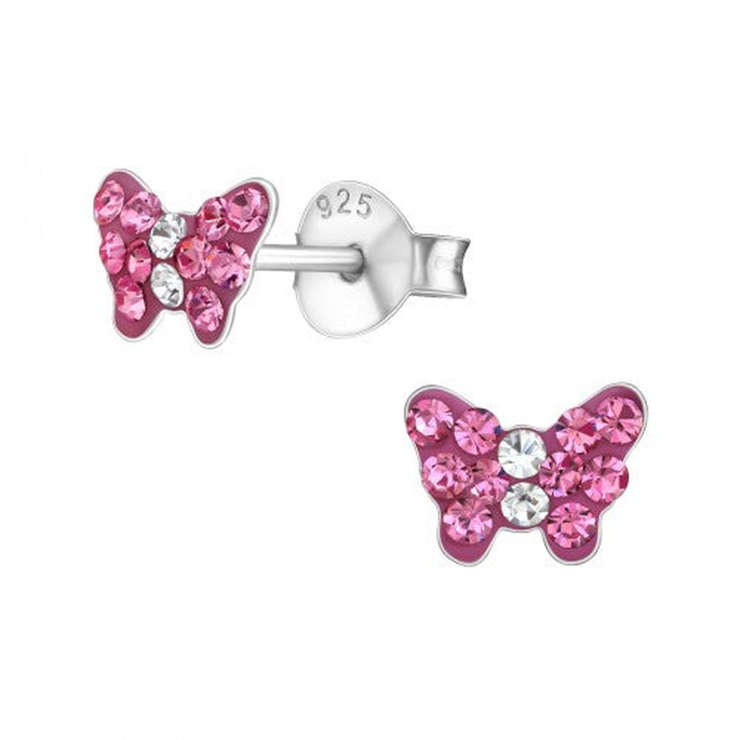 Girls silver pink butterfly stud earrings made of sterling silver with pink and clear crystals