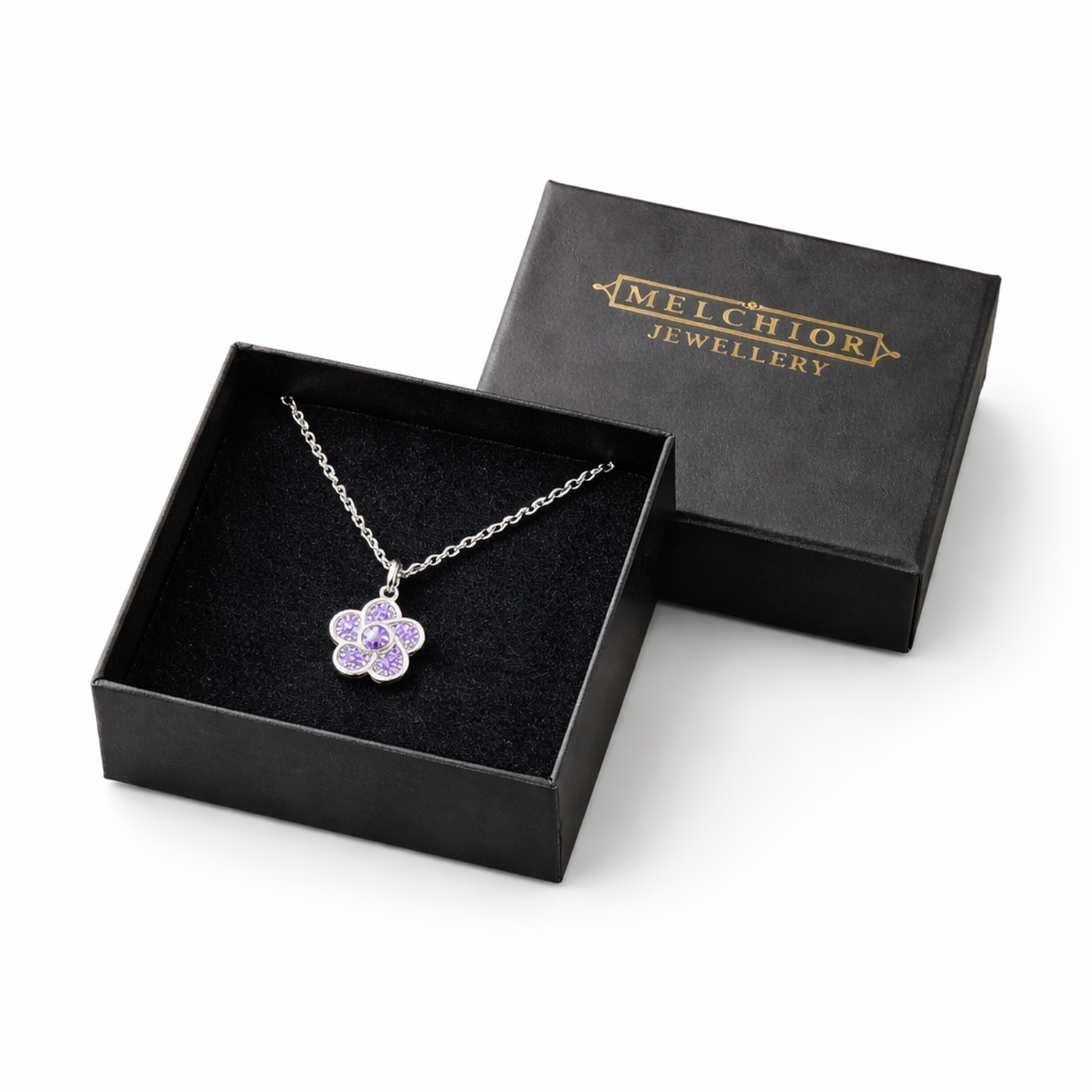 Girls sparkly purple necklace with flower pendant by Melchior Jewellery in black gift box