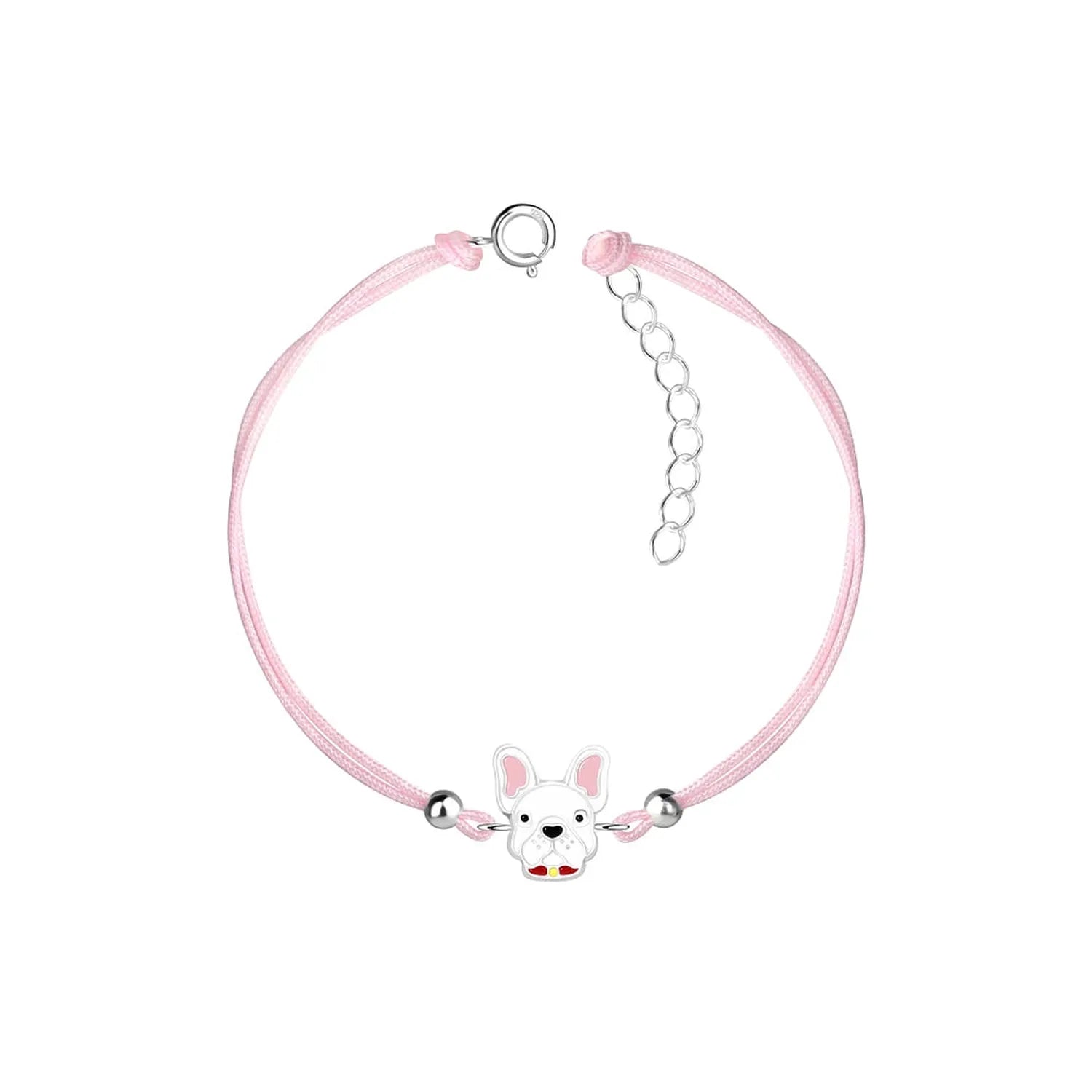 Girls sterling silver dog bracelet by Melchior Jewellery with white dog charm and pink adjustable cord