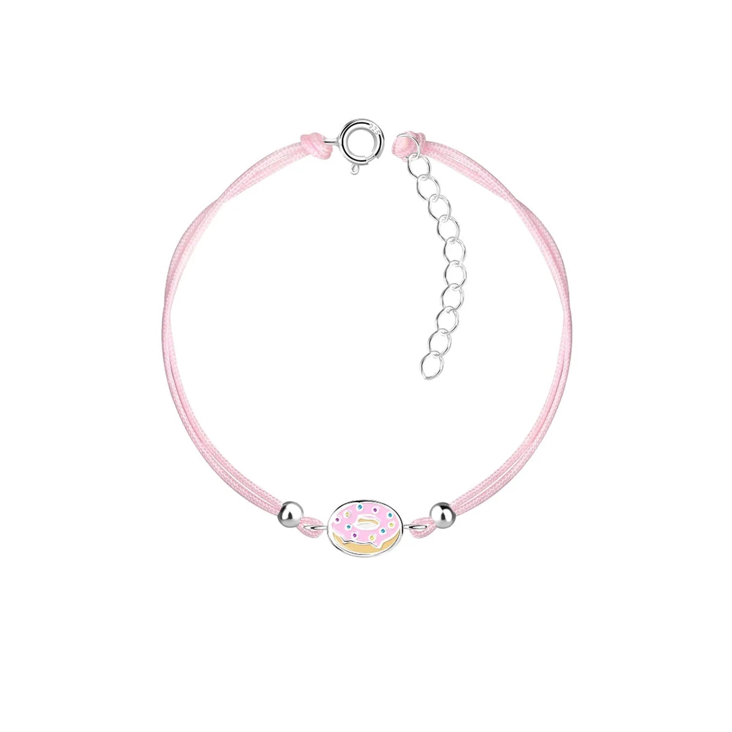 Girls sterling silver donut bracelet with pink cord and pastel pink iced donut charm with sprinkles