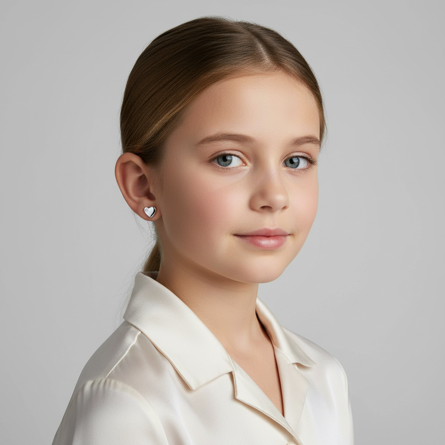 Young girl wearing Melchior Jewellery girls sterling silver heart stud earrings with a polished finish