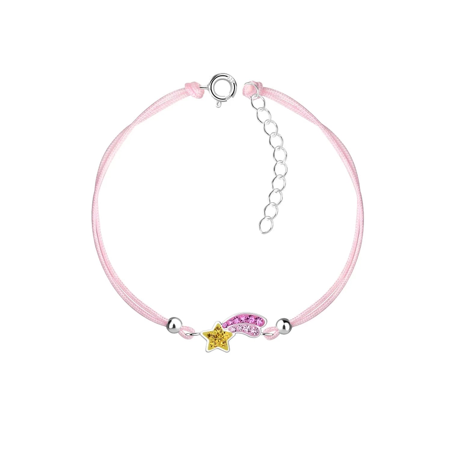 Girls sterling silver star bracelet by Melchior Jewellery with pink cord and yellow and pink star charm