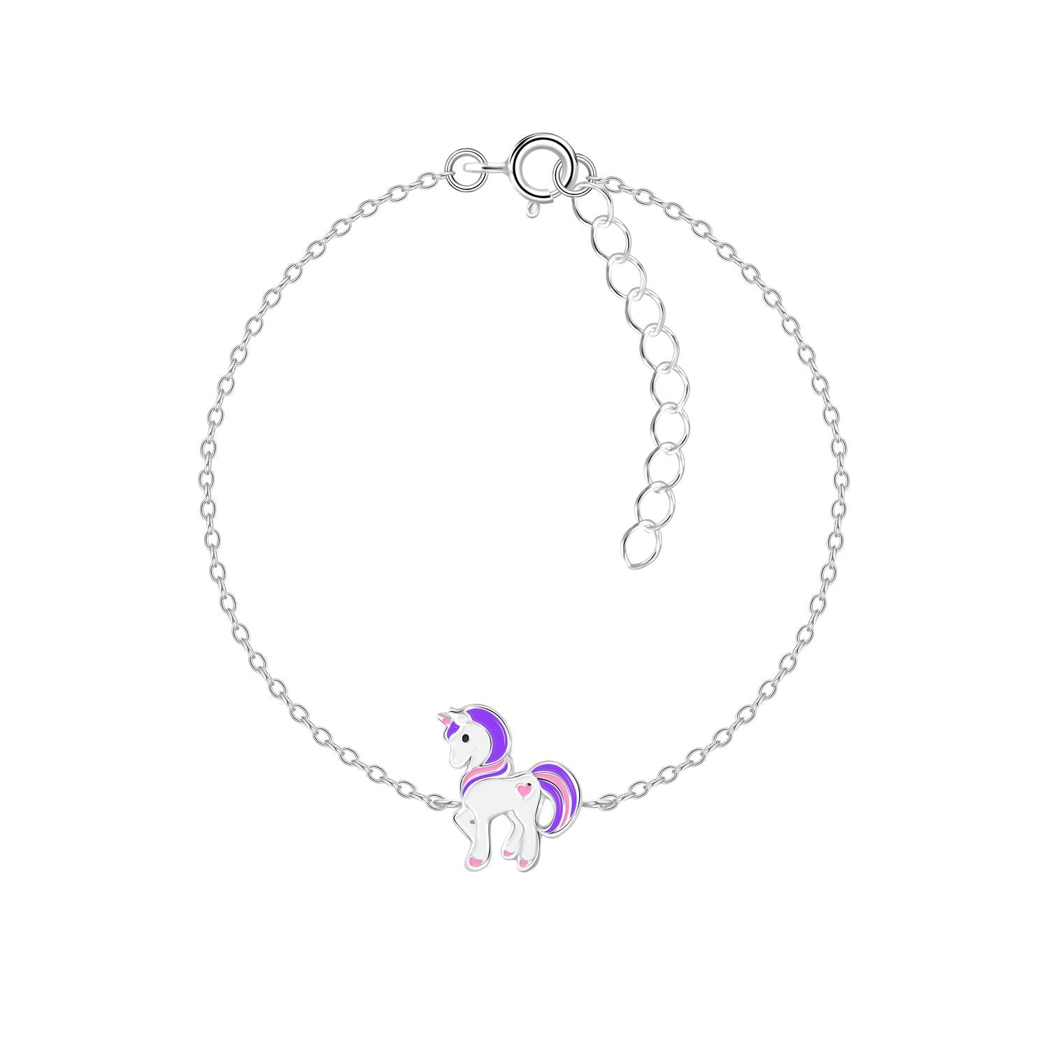 Silver Melchior Jewellery girls unicorn bracelet with purple and pink enamel unicorn charm on delicate chain
