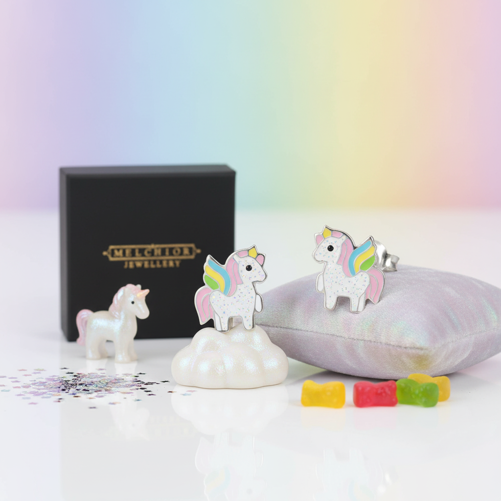 Glitter unicorn earrings girls sterling silver by Melchior Jewellery displayed with unicorn figurine and gift box