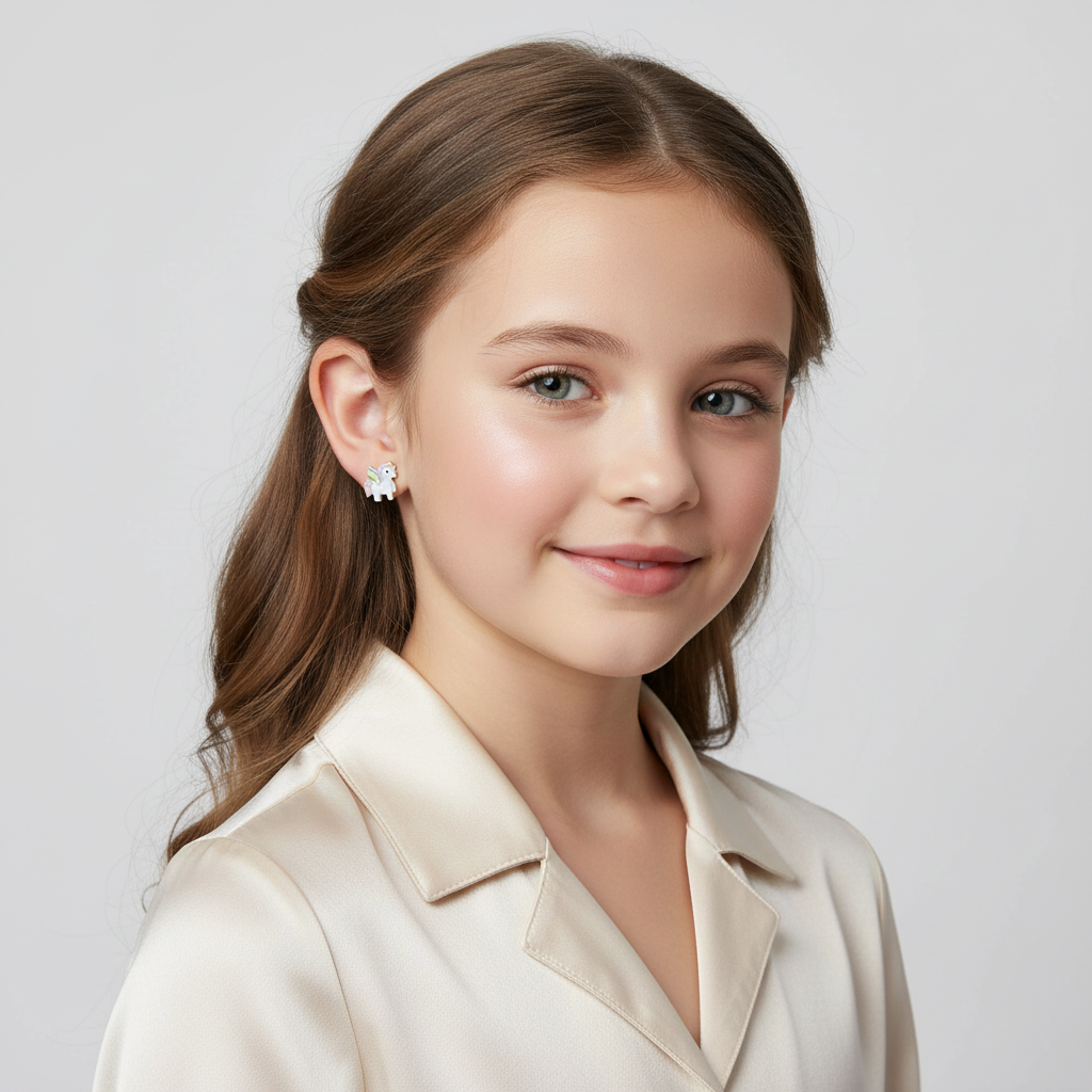 Glitter unicorn earrings girls sterling silver worn by young girl with brown hair and cream blouse