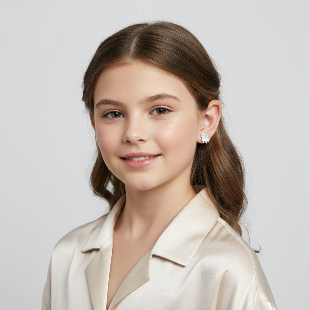 Melchior Jewellery glitter unicorn earrings girls sterling silver worn by smiling young girl in cream blouse