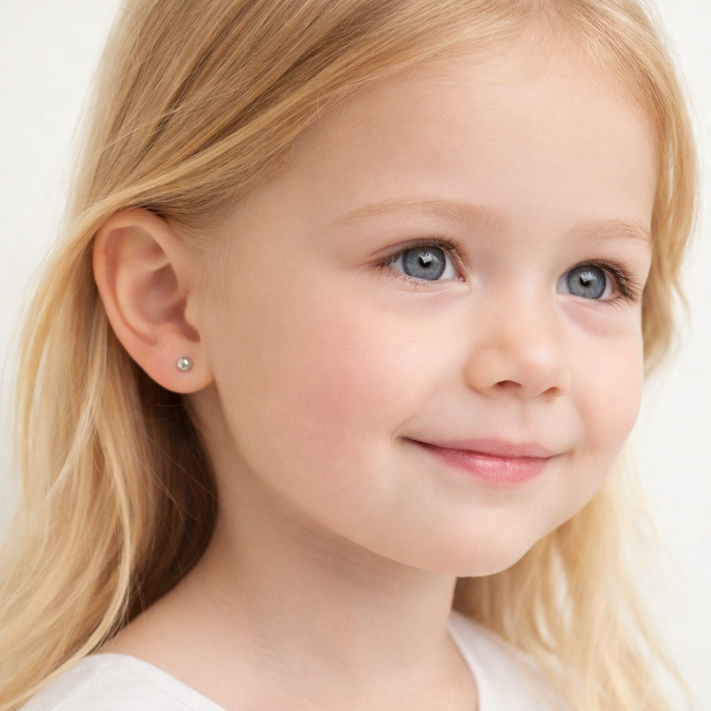 Melchior Jewellery half ball stud earrings sterling silver worn by a young girl with blonde hair