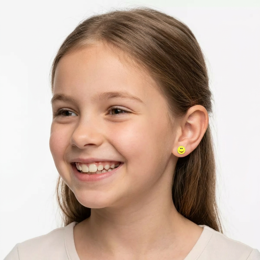 Young girl wearing yellow Happy Face Ear Studs by Melchior Jewellery with a bright smile on white background