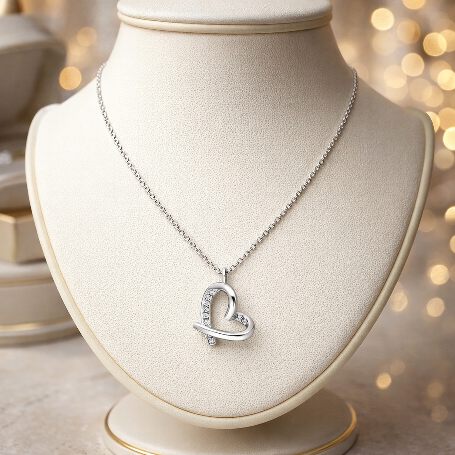 Heart necklace with simulated diamonds by Melchior Jewellery displayed on beige stand