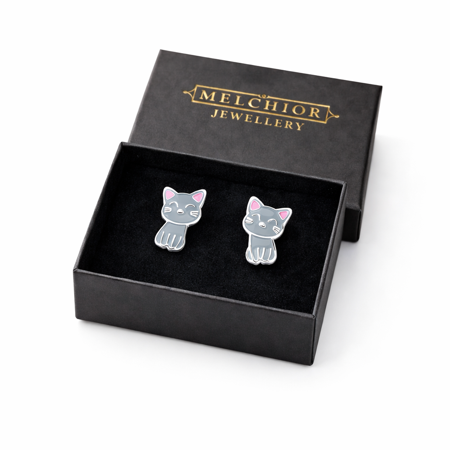 Melchior Jewellery hypoallergenic kids cat stud earrings in black gift box for children