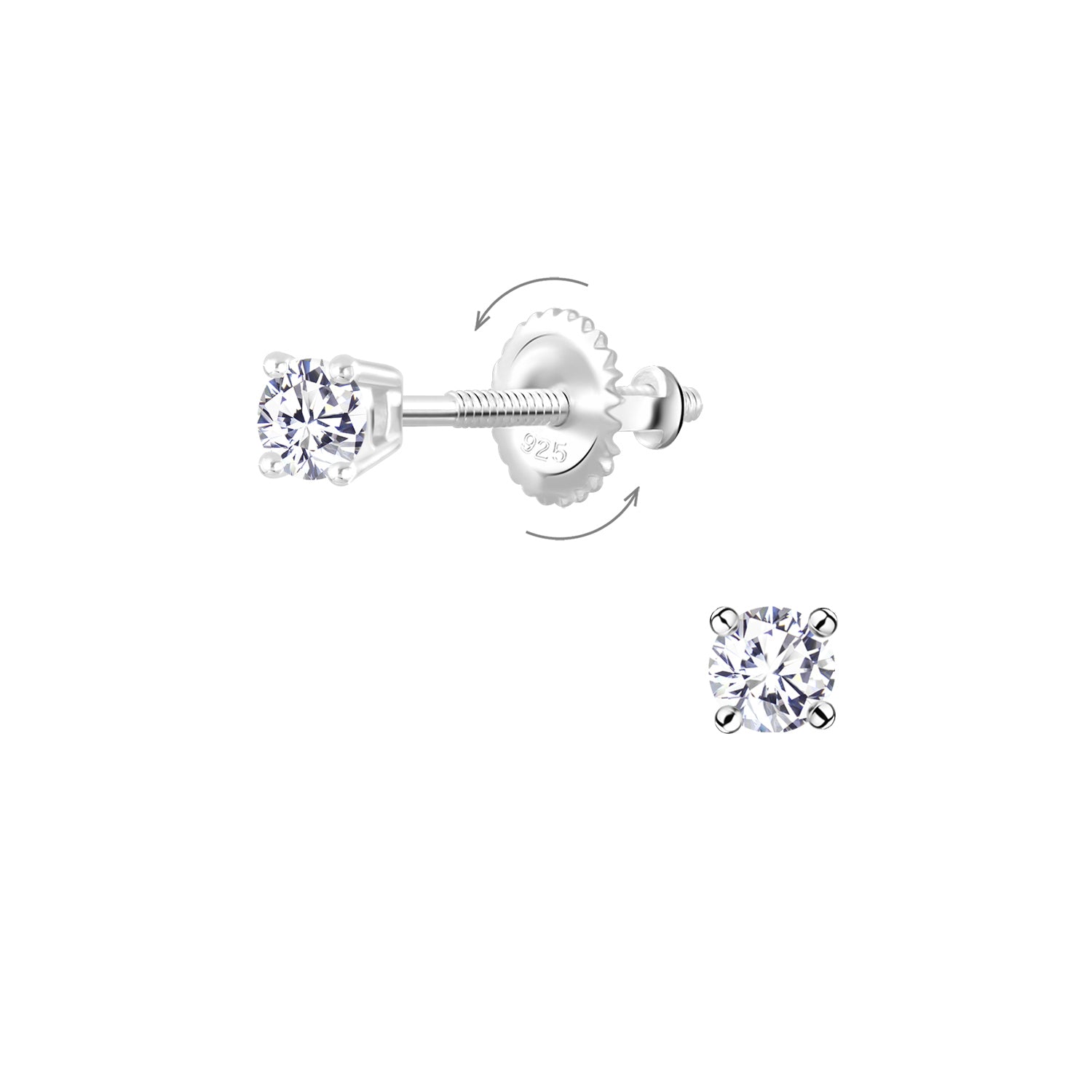 In Season Jewellery hypoallergenic kids earrings screw back with clear round gemstones in silver setting