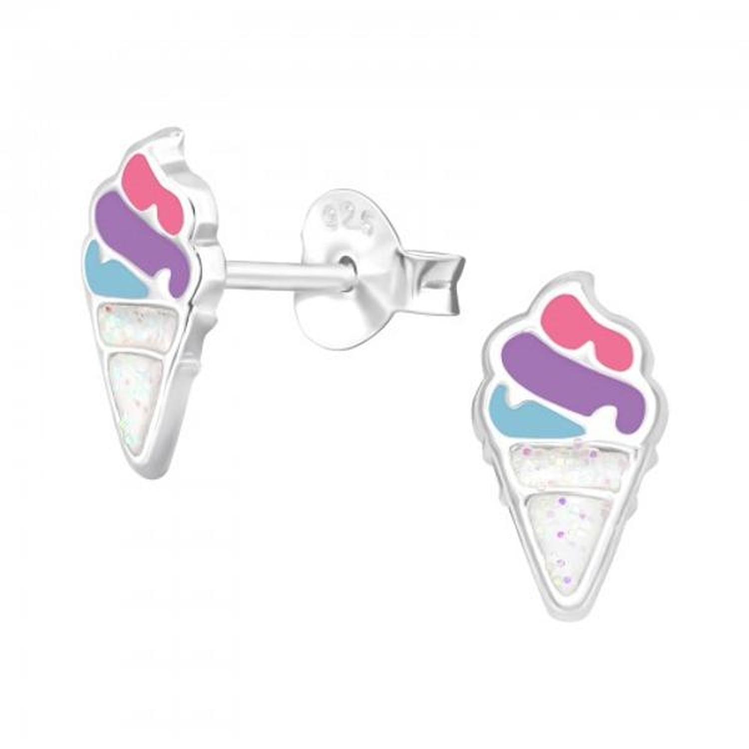 Melchior Jewellery Ice Cream Ear Studs in silver with pink, purple, blue swirls and glitter cone detailing