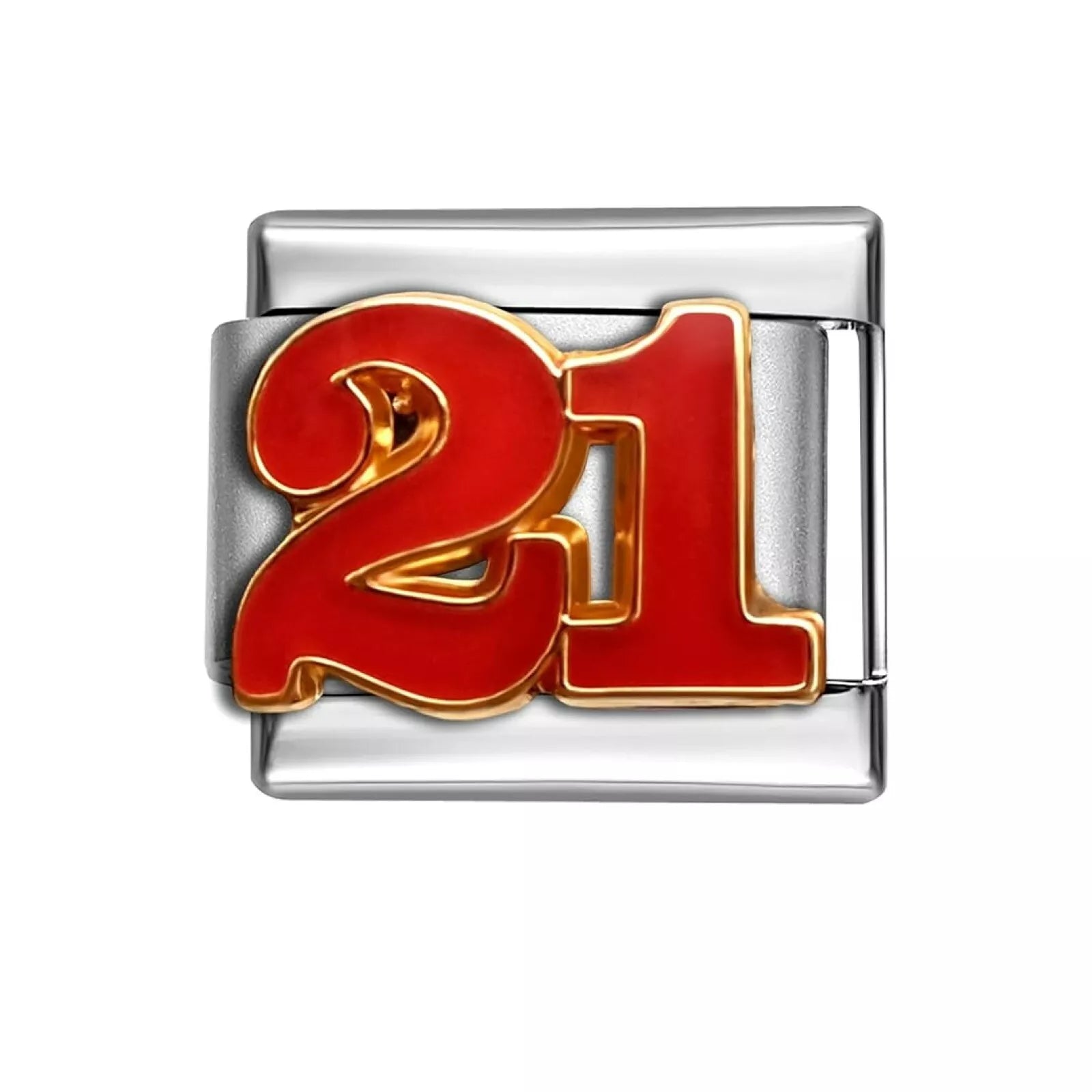 Melchior Jewellery red enamel number 21 charm link on stainless steel base Italian charm bracelet number 21