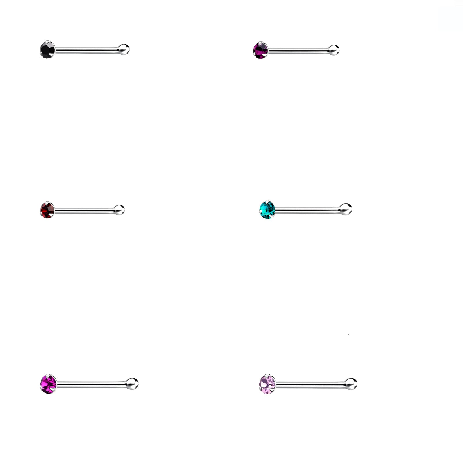 Melchior Jewellery 1.5mm coloured nose piercing pack showing six silver nose studs with assorted gems