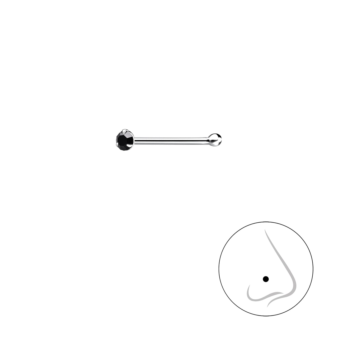 Melchior Jewellery silver nose stud with black gem and ball showing placement 1.5mm coloured nose piercing for subtle daily wear