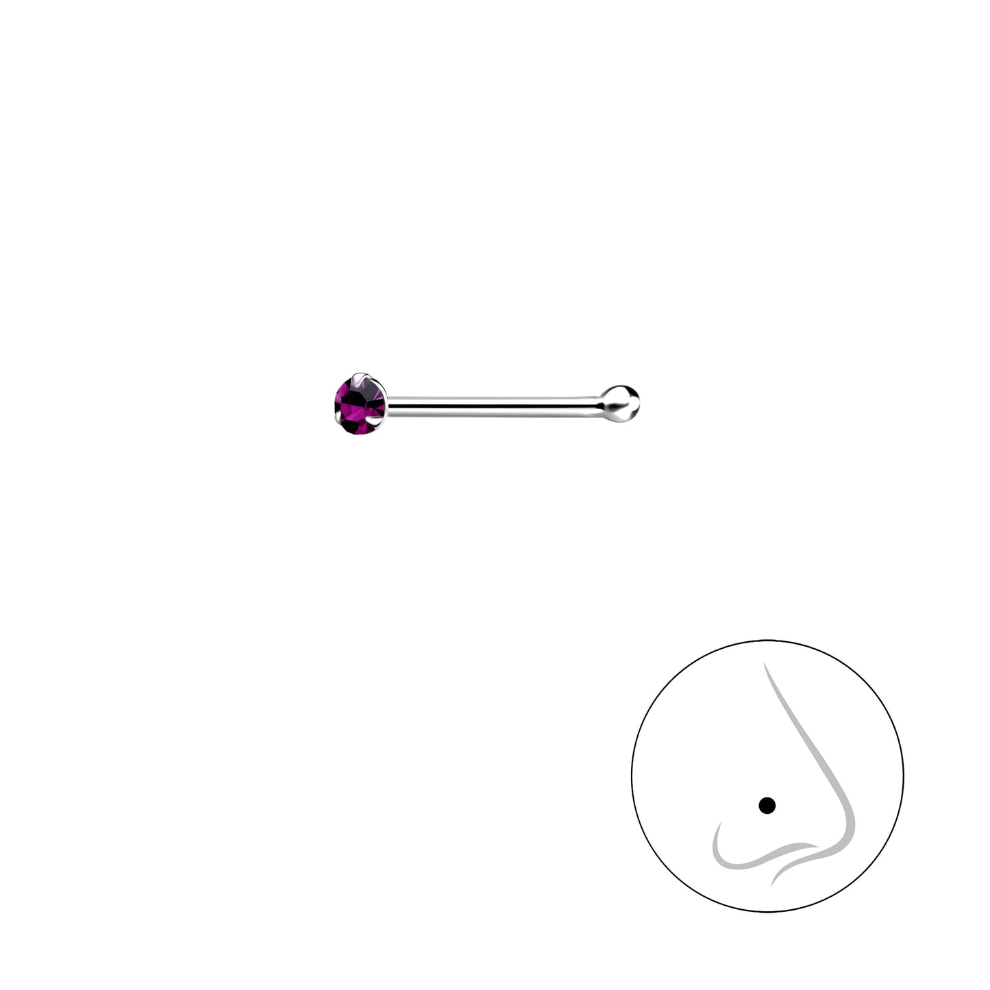 Melchior Jewellery 1.5mm coloured nose piercing silver straight stud with purple gem and ball end with placement diagram