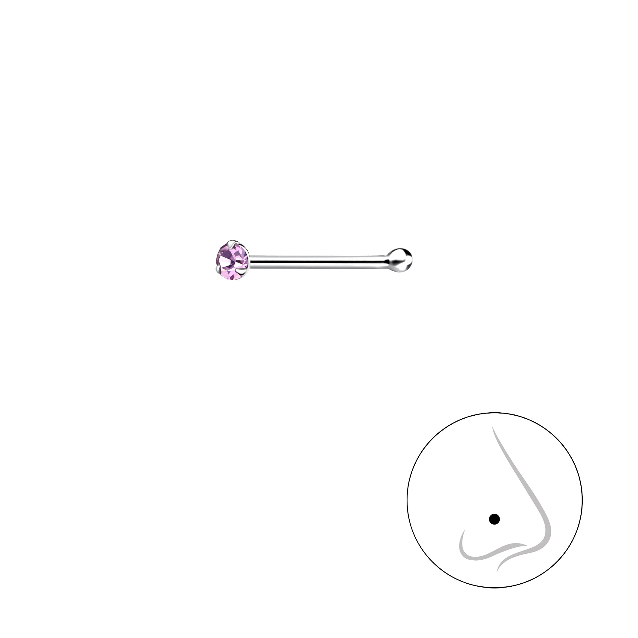 Melchior Jewellery 1.5mm coloured nose piercing straight silver stud with pink crystal gem for subtle everyday wear