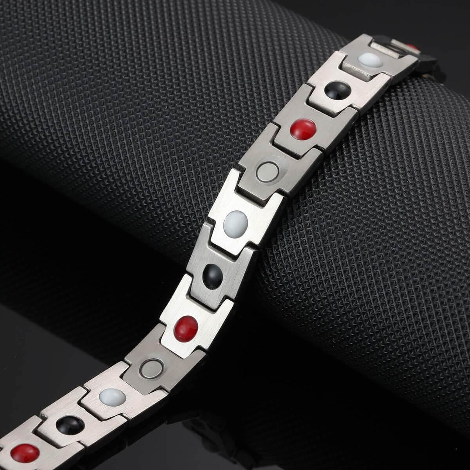 Melchior Jewellery stainless steel 4 in 1 magnetic health bracelet with red black and silver therapy inserts