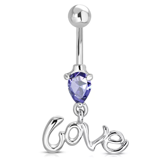 Melchior Jewellery amethyst belly bar with purple teardrop gem and dangling love charm