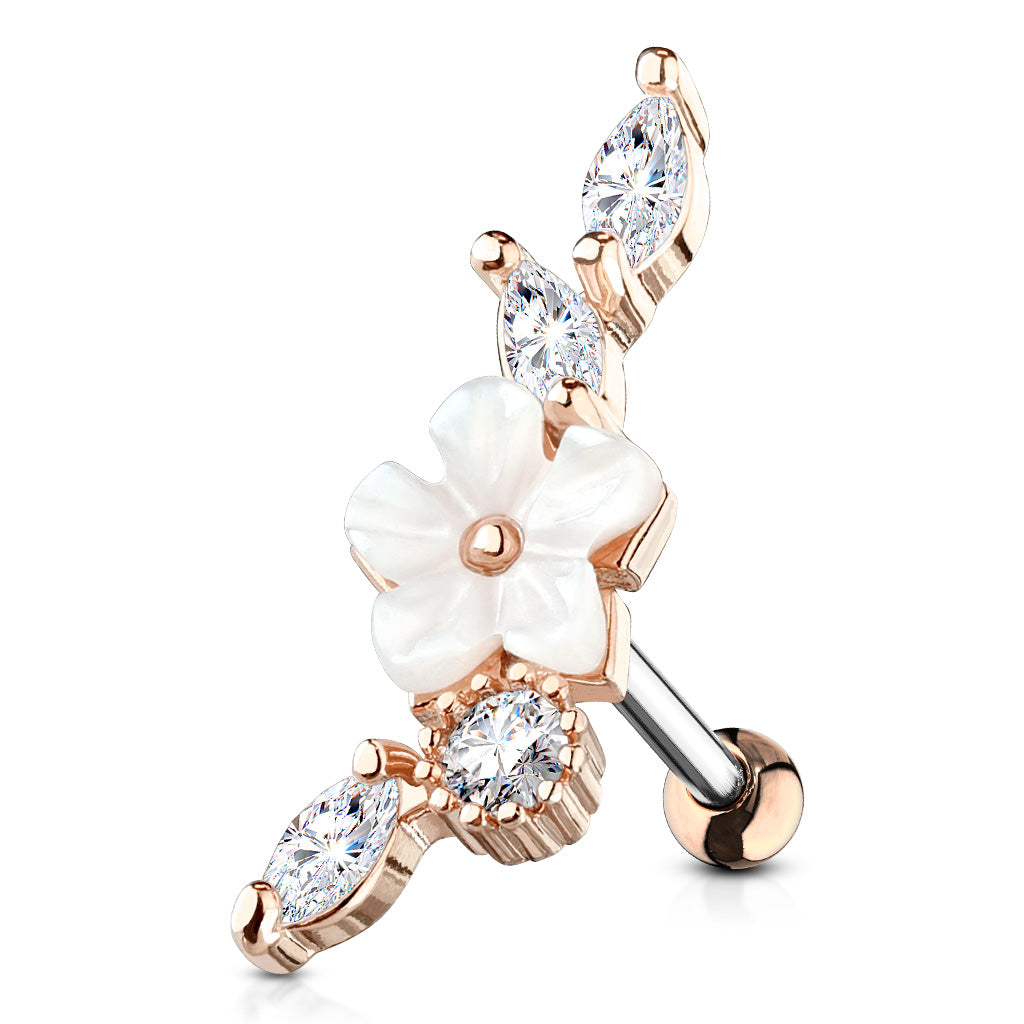 Melchior Jewellery rose gold cartilage stud with mother of pearl floral design and cubic zirconia accents
