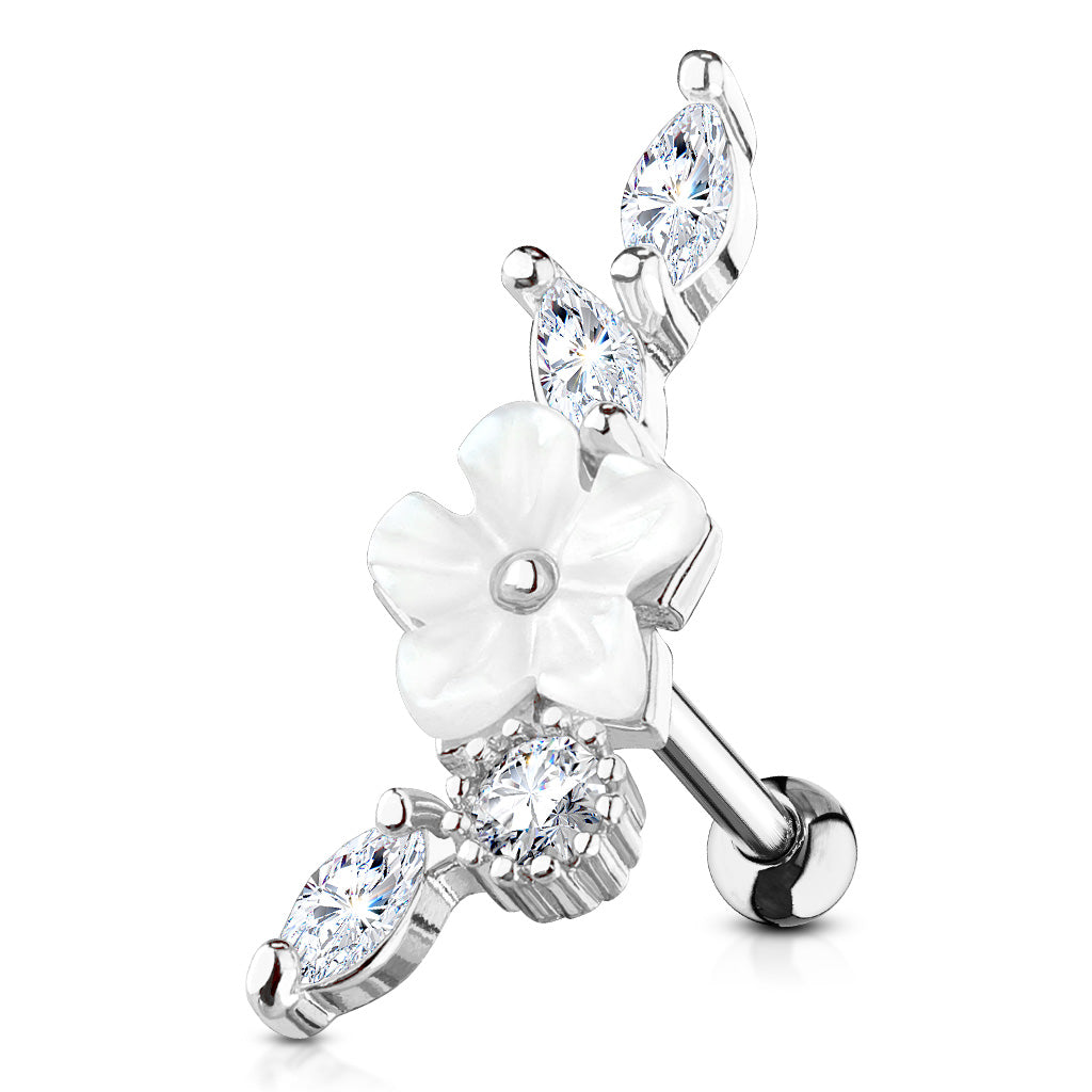 Melchior Jewellery cartilage stud with mother of pearl flower and sparkling marquise crystals in silver