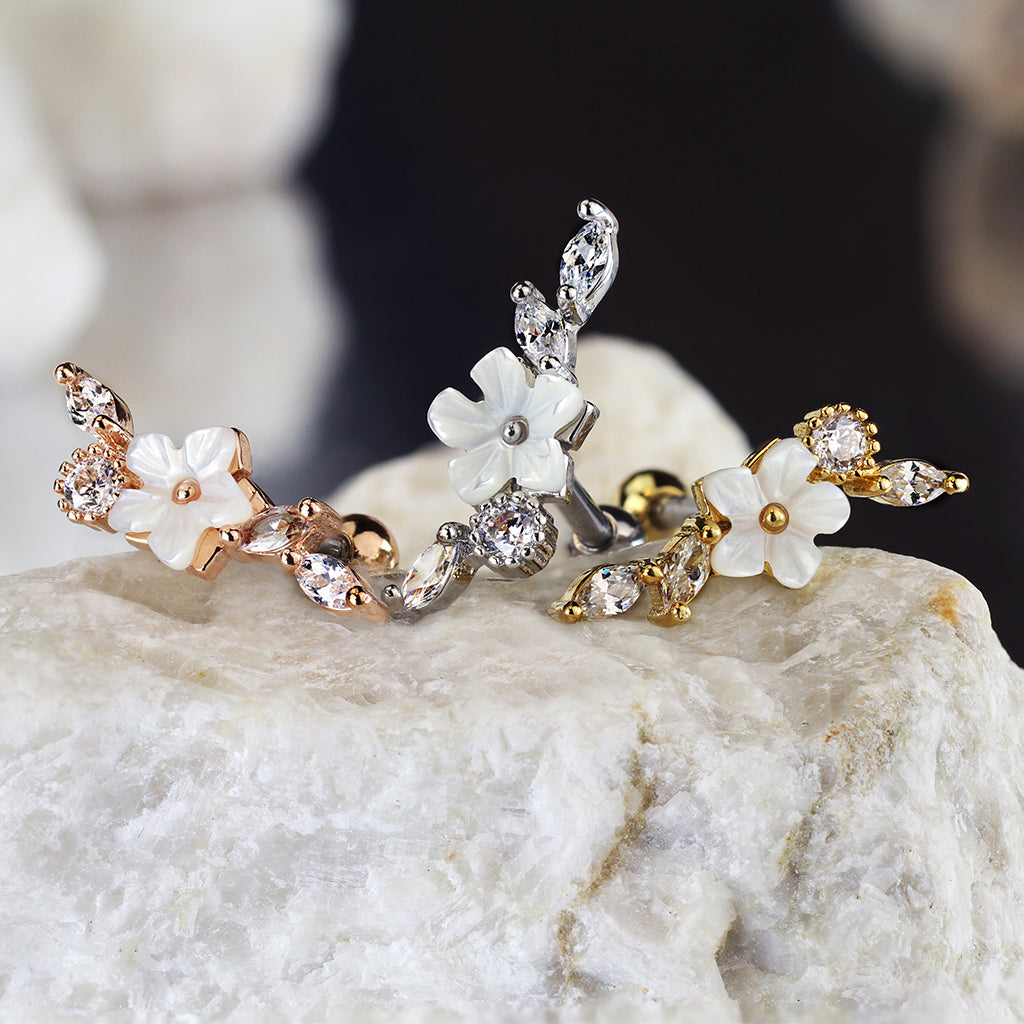 Melchior Jewellery floral cartilage stud with mother of pearl in gold silver and rose gold with crystals