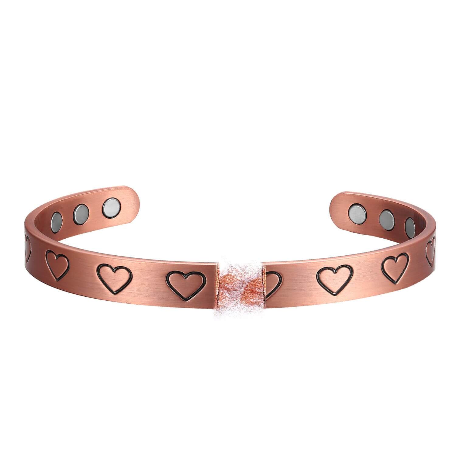 Melchior Jewellery copper magnetic love heart bangle open cuff with engraved hearts and inner magnets for everyday wear