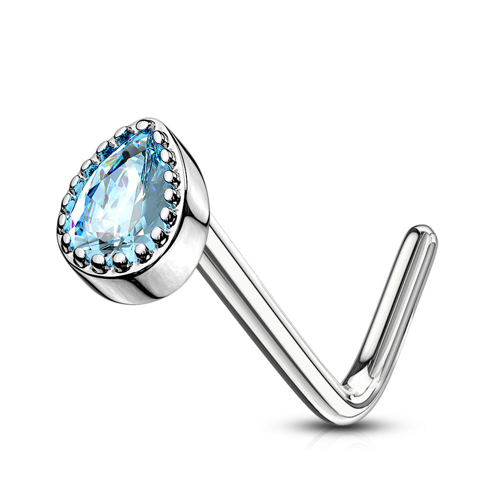 Melchior Jewellery teardrop blue crystal nose stud with L shaped silver post crystal nose stud elegant design