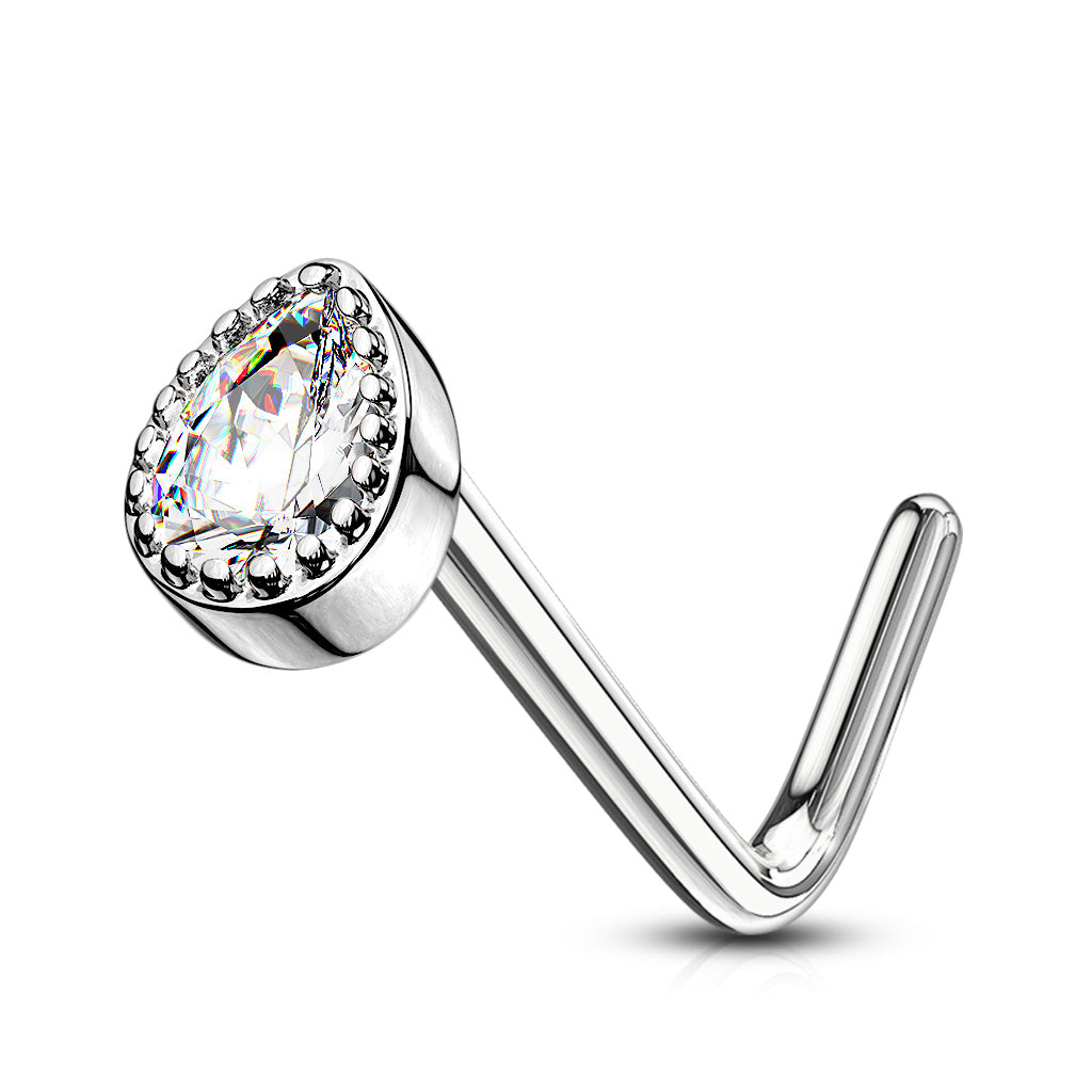 Melchior Jewellery silver L bend body jewellery with pear crystal and halo crystal accents crystal nose stud elegant design