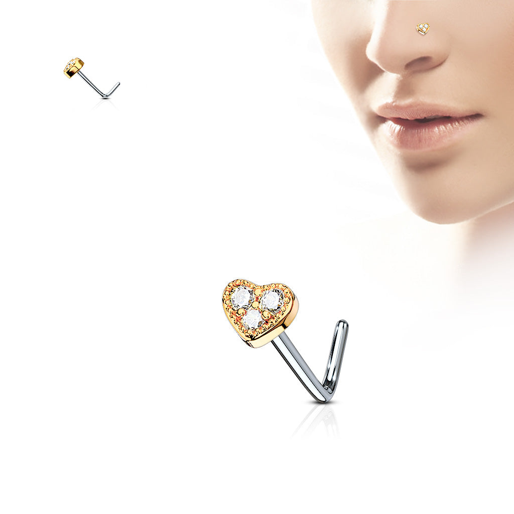 Melchior Jewellery gold heart crystal nose stud elegant design worn on model nostril with L shaped post