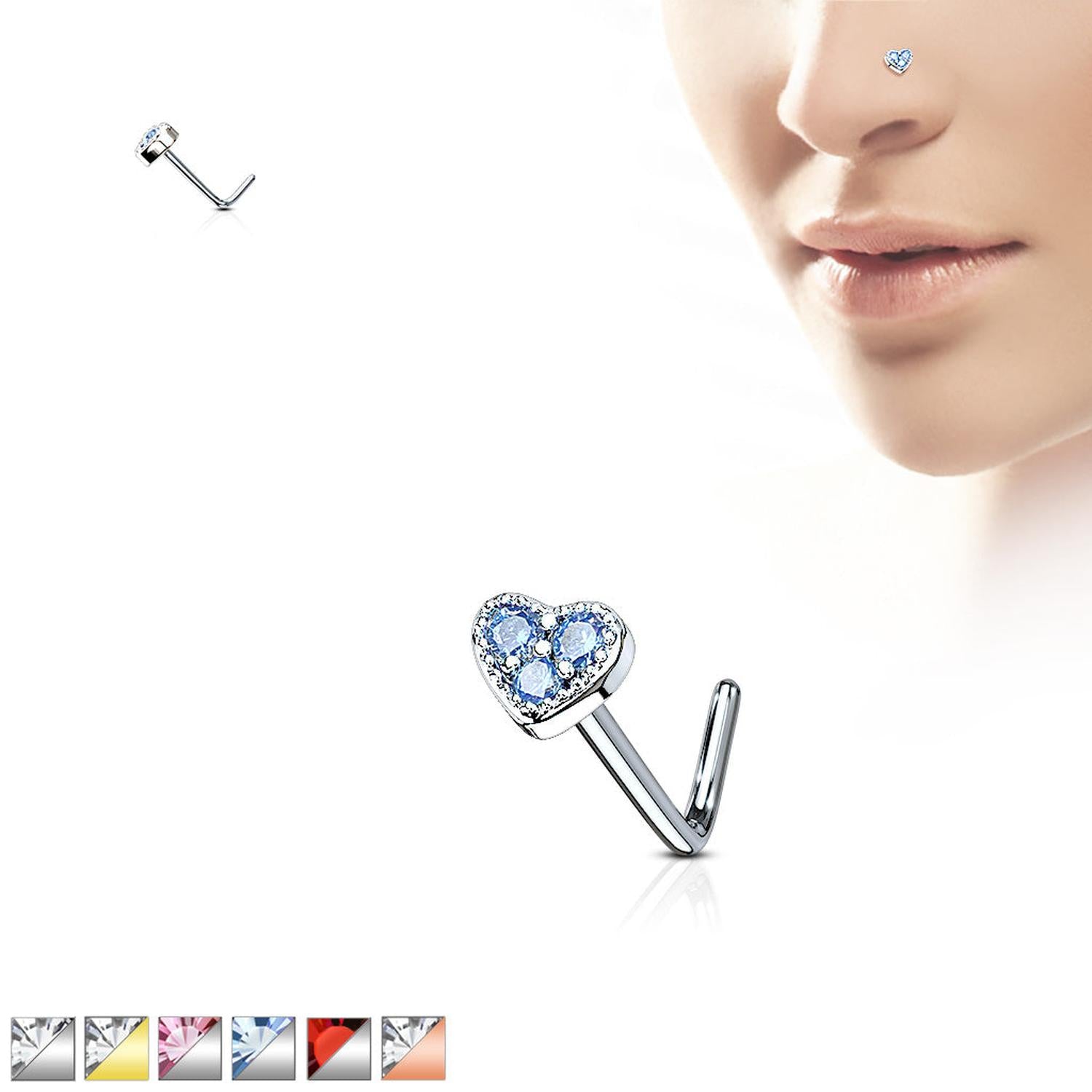 Melchior Jewellery heart shaped blue L bar nose stud shown on model crystal nose stud elegant design