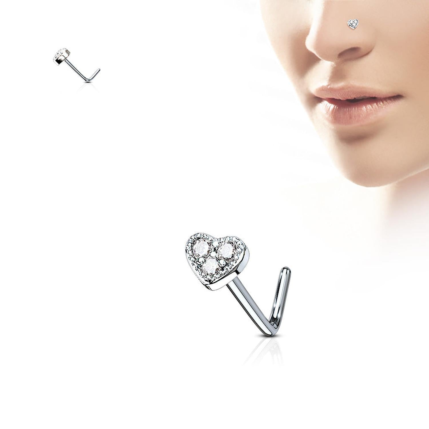 Melchior Jewellery heart shaped crystal nose stud elegant design shown on model with L shaped silver post