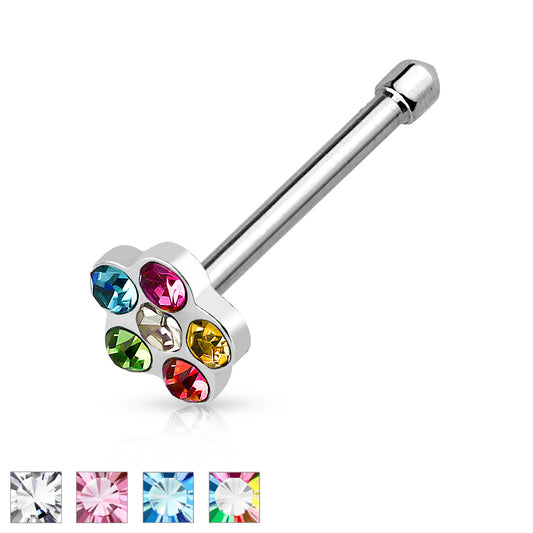 Melchior Jewellery flower shaped nose piercing stud with multicolour crystal petals on silver tone bar