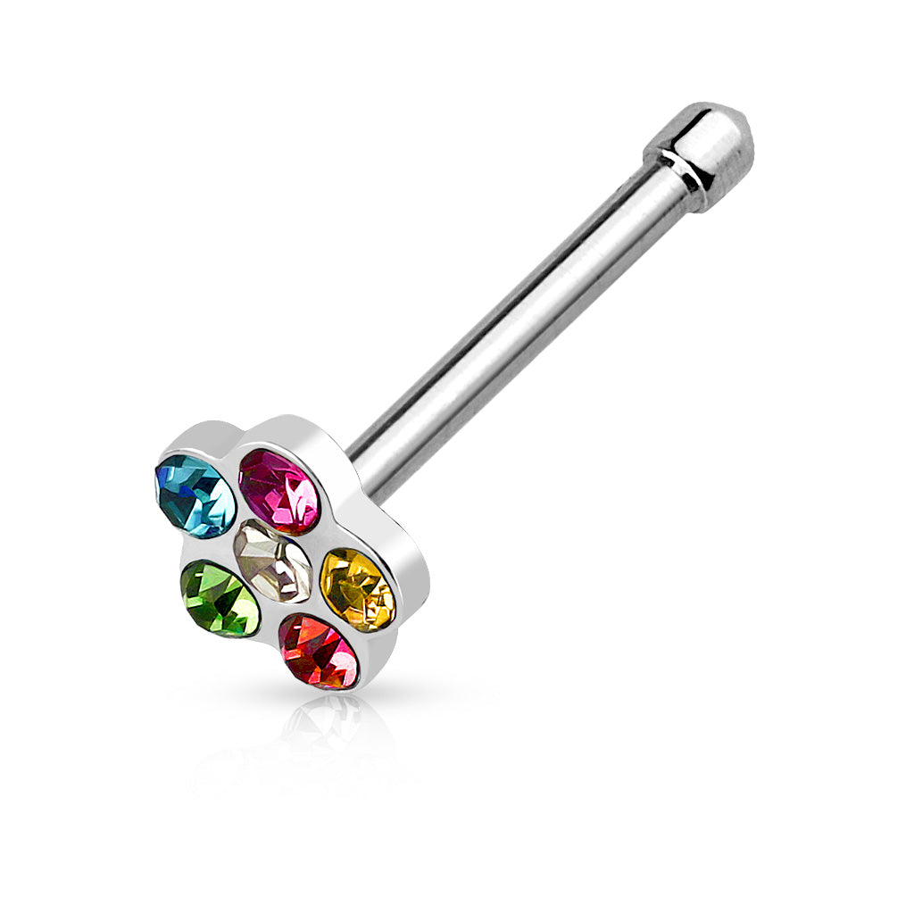 Melchior Jewellery silver nose bar with multicolour gemstone flower cluster flower shaped nose piercing stud