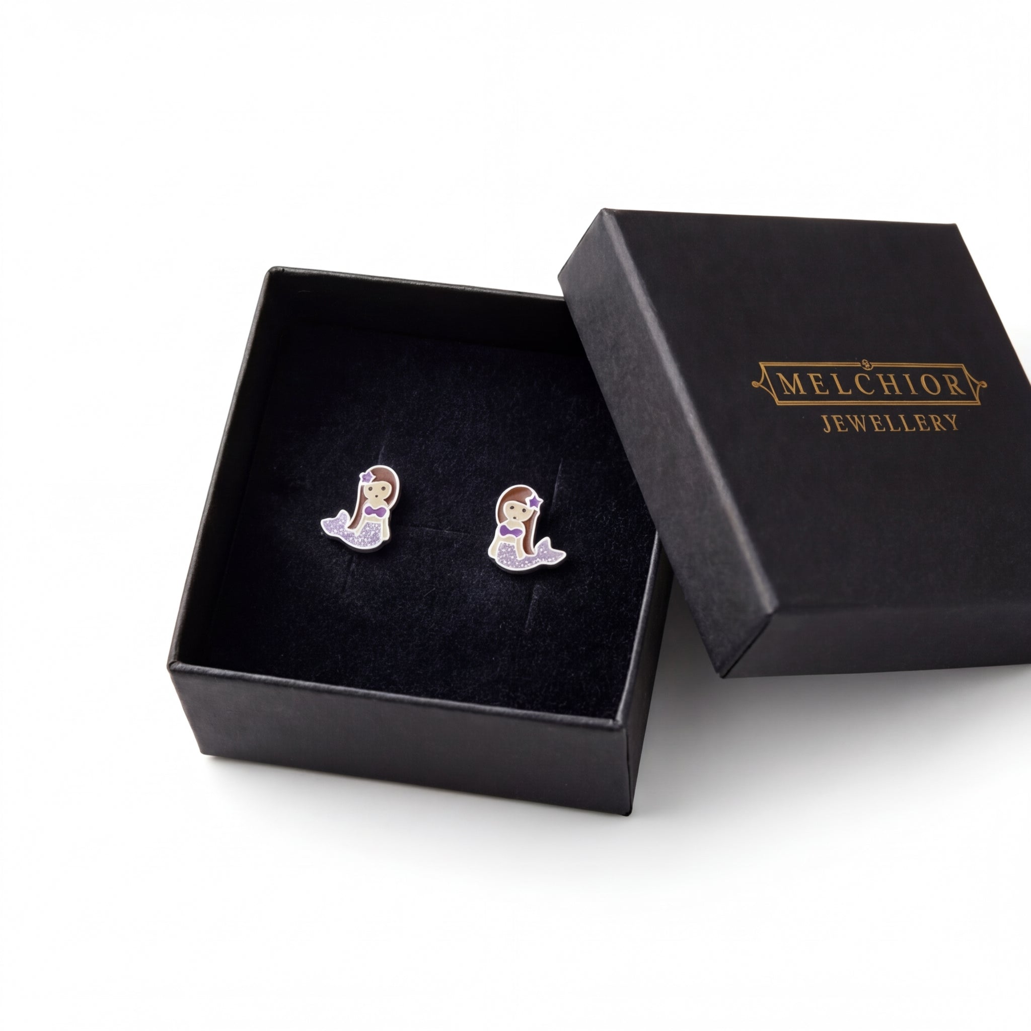 Melchior Jewellery girls mermaid earrings with purple tails and brown hair in black gift box