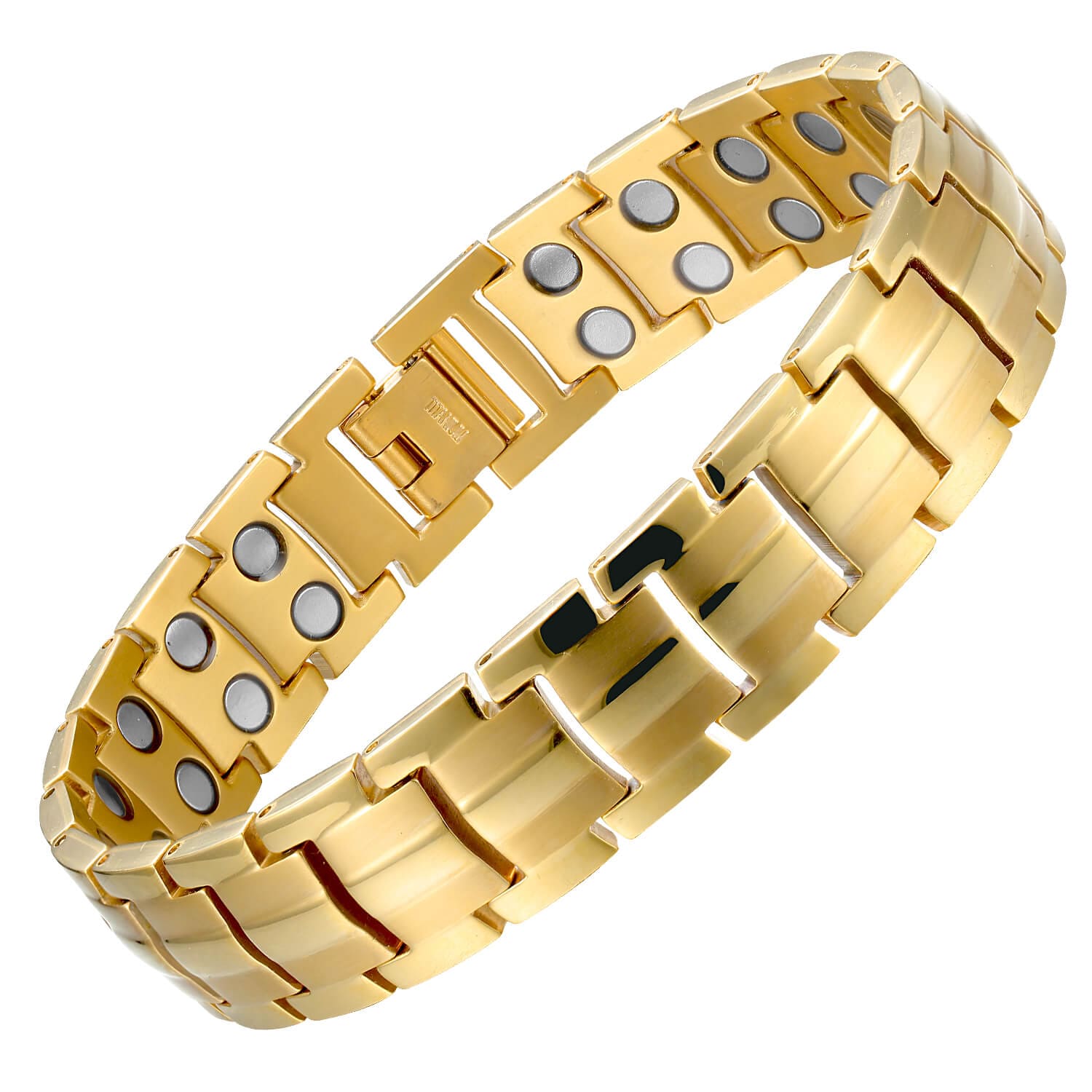 Melchior Jewellery gold titanium magnetic therapy bracelet with polished link design and internal magnet discs for pain relief