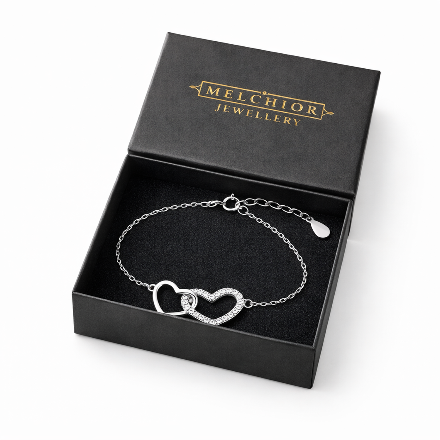 Sentiell sterling silver double heart bracelet with delicate chain in Melchior Jewellery black gift box